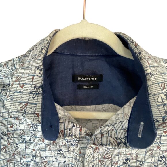 Bugatchi Mens Shaped Fit Long Sleeve Button-Up Shirt Blue White Geometric Print - Picture 3 of 8